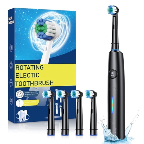 QIUGUO Rotating Electric Toothbrush for Adults, 5 Modes 3D Deep Clean Toothbrush with 4 Brush Heads, 2-Min Timer Waterproof Travel Toothbrush, Lasts 30 Days, Black