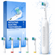 Rotating Electric Toothbrush for Adults, Rechargeable Sonic Toothbrush for Deep Cleaning with 3 Modes , 2 Min Smart Timer, Last 30 Days and IPX7 Waterproof , 6 Replacement Brush Heads White