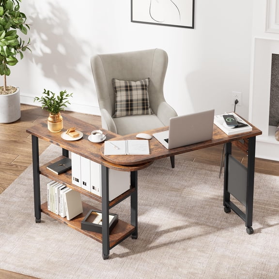 Rotating End Table 360 Side Table with Charging Station Swivel Ene Table with Extra Storage Bag Movable End Table with 6 Swivel Wheels with Brakes for Bedroom Living Room