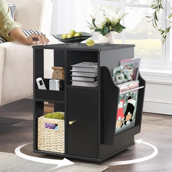 Rotating End Table with Storage, Square Rotating Side Table Living Room, Side Table with Magazine Holder, Basket and Cabinet, Swivel End Table with Multiple Storage (Black)