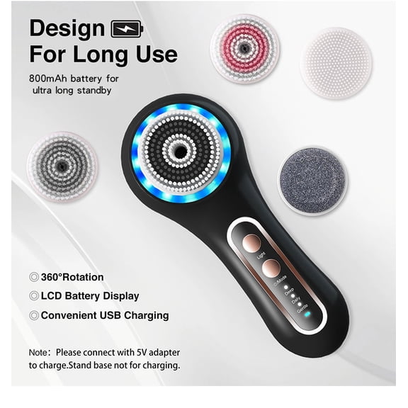 Rotating Facial Cleansing Brush 3 Speeds, 5 Interchangeable Brush Heads, Rechargeable Electric Face Scrubber with LCD Display, Deep Pore Cleansing Tool