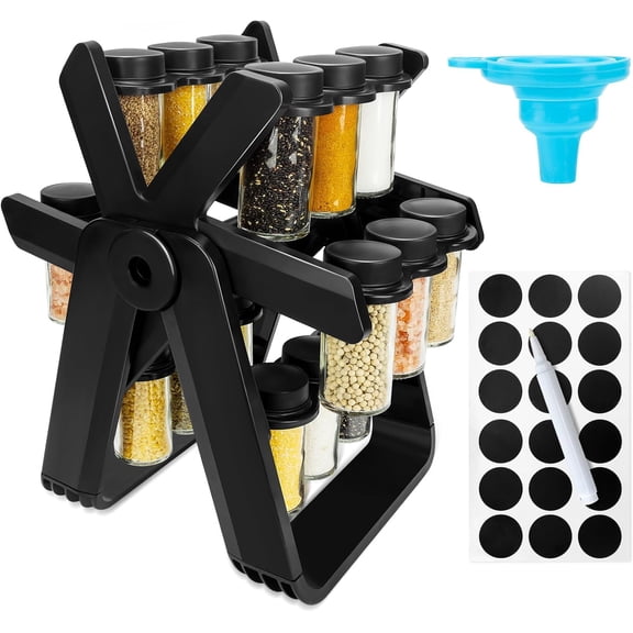 Rotating Ferris Wheel Spice Rack Set, Equipped With 18 Glass Spice Cans, Complete With Funnel Labels, Kitchen Seasoning Manager, Suitable for Kitchen Countertops, Cabinets, Black