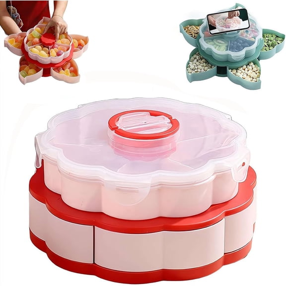 Rotating Flower Snack Box with Lid,Double Layer Divided Serving Tray for Nuts and Candy,Portable Lazy Susan Organizer for Picnic,9.7 Inch Flower Petal Design with Phone Holder