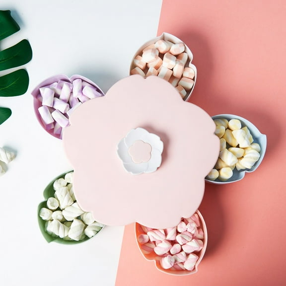 Rotating Flower Snack Storage Box - Multi-functional Food Organizer for Candy, Nuts, Fruits & Jewelry - Stylish Petal Design, Non-slip Base, Ideal for Home, Weddings, and Parties, Pink