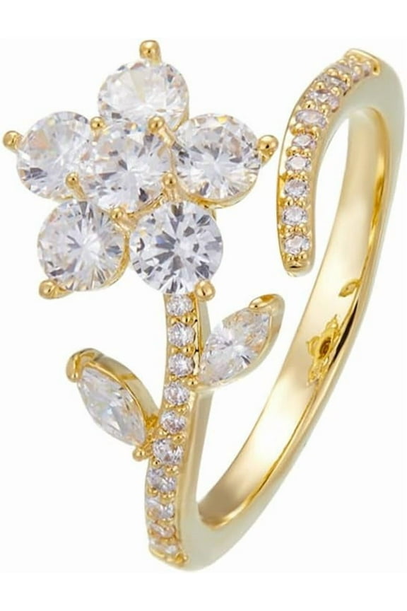 Rotating Flower Wrap Finger Ring Spinner Ring for Women Sparkling Crystal CZ Floral Open Statement Ring Fidget Anxiety Ring Eternity Promise Rings Band
