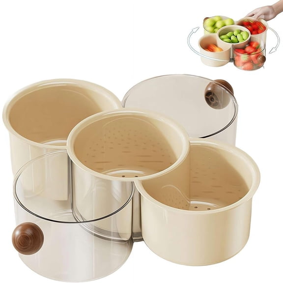 Rotating Fruit and Vegetable Storage Box with Drainage, Double Layer Spinning Snack Serving Tray and Food Organizer for Produce, Nuts and Candy