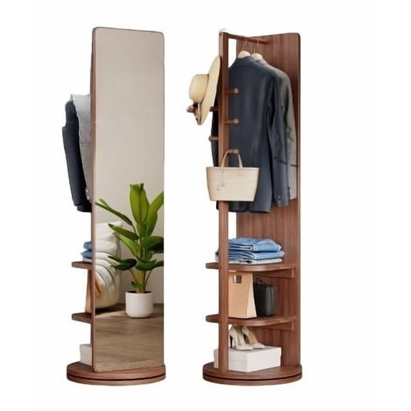 360° Rotating Full Length Mirror, 70"x16" Full Body Mirror Coat Rack,Solid Wood Floor Long Mirror with Hook for Bedroom,Living Room,Dressing Room