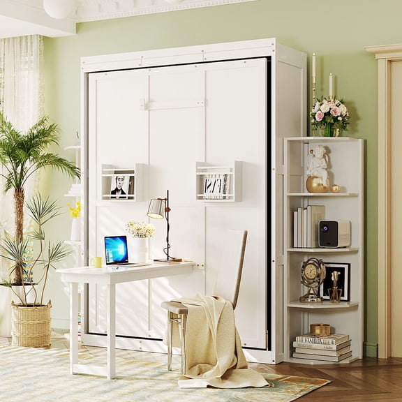 Rotating Full Murphy Bed with Hidden Wall Cabinet, Dual 3-Tier Side Shelves, Convertible Desk, Extra Storage Racks, Space-Saving Multifunctional Wall Bed for Home Office & Small Rooms, White No0408