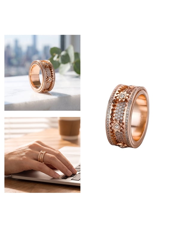 Rotating Gear Ring Gold Plated, CZ Stone Spinner Band for Anxiety, Trendy Fidget Jewelry for Men Women, Cool Gift for Father's Day