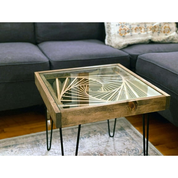 Rotating Geometric Vortex - End Table Coffee Table with Rustic Wood Frame