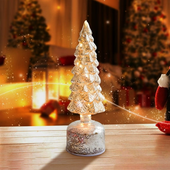 Rotating Glass Christmas Tree Decor with LED Lights, Spinning Crystal Tabletop Display with Warm Illumination, Battery Powered Holiday Centerpiece for Mantle Shelf Table Decor