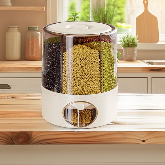 Rotating Grain Dispenser 360 Kitchen Storage Container With 6 Grids One Click Output Rice Cereal Organizer For Dry Food Pantry