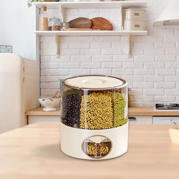 Rotating Grain Dispenser 360 Kitchen Storage Container With 6 Grids One Click Output Rice Cereal Organizer For Dry Food Pantry