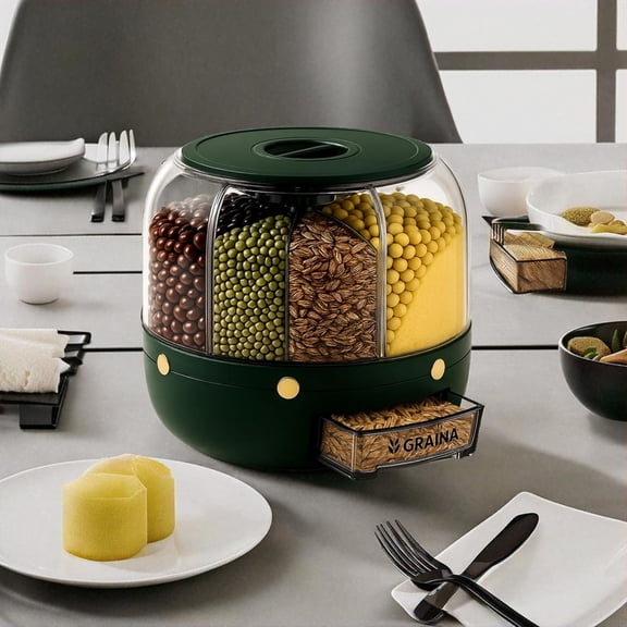 Rotating Grain Dispenser with 6 Grids – Airtight Rice Container, Grain Dispenser, Dry Food Storage Organizer