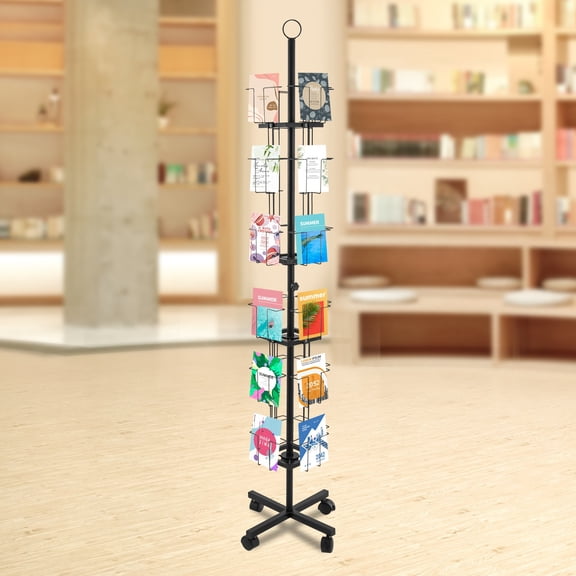 Rotating Greeting Card Rack 24-pocket Rotating Postcard Stand With 4 Wheels