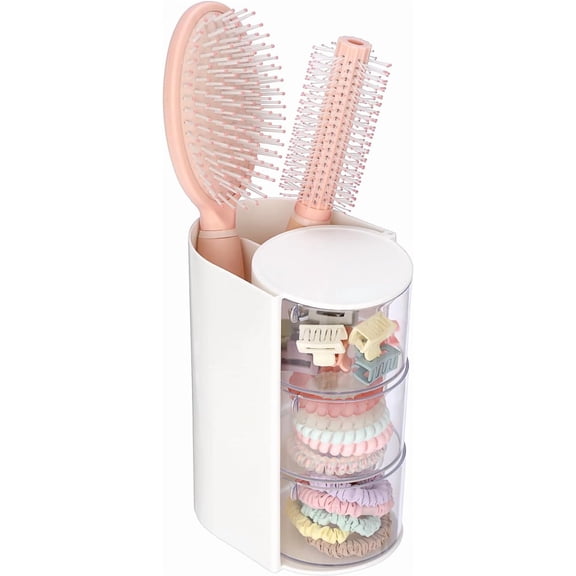 Rotating Hair Accessories Organizer with Comb Holder Plastic Hair Clips Storage Container Cosmetic Storage Box for Makeup Sponge Brush, 3-Layer White