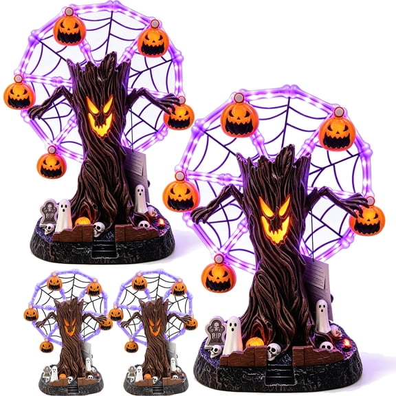 Rotating Halloween Ghost Tree Ferris Wheel Table Decor, LED Light Up Tree, Halloween Resin Figurine for Mantel Party Indoor Decor,2pcs