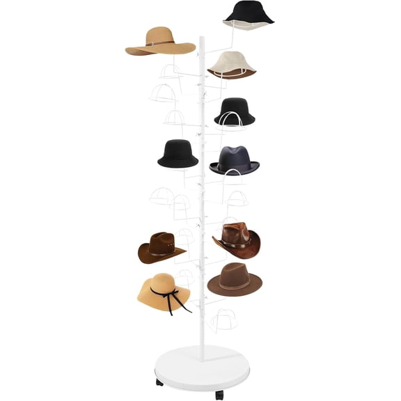 Rotating Hat Display Stand 25 Hooks Freestanding Retail Headwear Organizer Commercial Large Headwear Wig Rack Metal Floor Rack for Home Store Vendors (White)