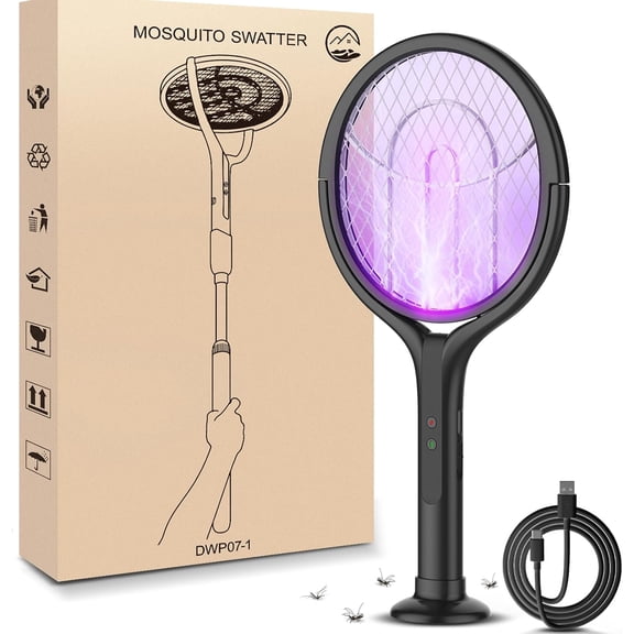 Rotating Head Electric Fly Swatter, 4000V Bug Zapper with 1800mah Rechargeable Battery, 2 in 1 Purple Mosquito Light Killer with Rotating Head for Indoor Home Patio Camp Office(Black)