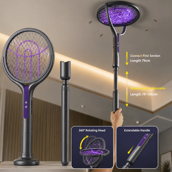 Rotating Head Electric Fly Swatter Racket 3000V Rechargeable Bug Zapper with Telescopic Extension for Indoor Mosquito, Fly, and Insect Control