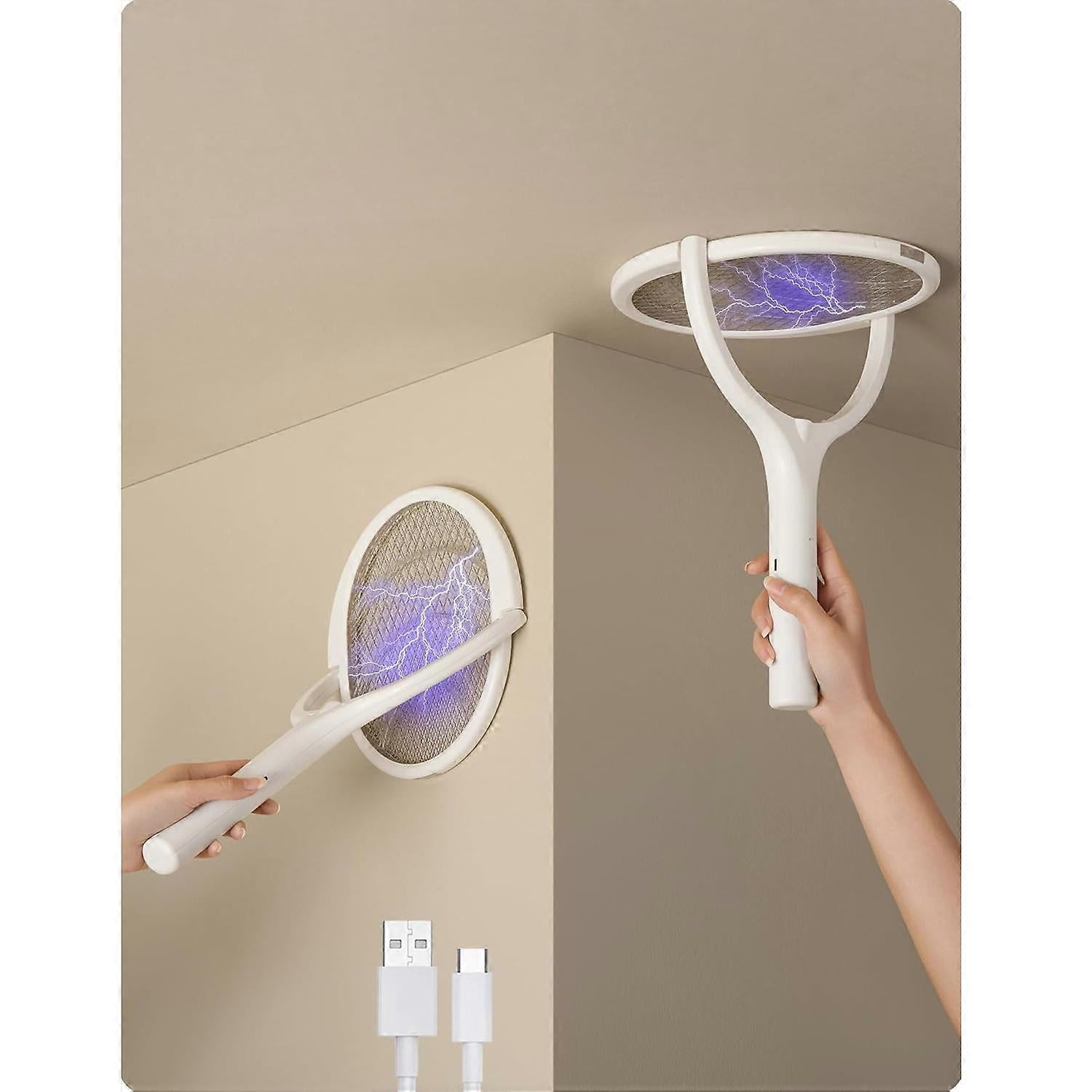 Rotating Head Rechargeable Electric Fly Swatter, Mosquito Swatter with Telescopic Extension Pole, Indoor Mosquito and Fruit Fly Trap, USB Rechargeable