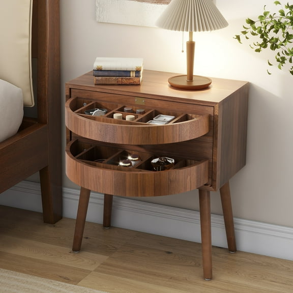 Rotating Hidden Compartment Nightstands, Mid Century Modern Concealment Furniture, Rattan Bed Side Table, Compartment End Table with Wood Legs, for Bedroom, Living Room, Dorm, Walnut