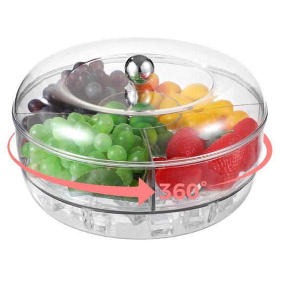 Rotating Ice Chilled Serving Tray, Clear Fruit Veggie Tray with Lid, 5 Compartments Chilled Party Platter, Divided Salad Bowl with Ice Tray for Appetizer, Snacks, Sushi