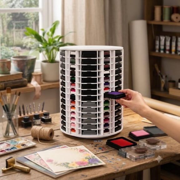 Rotating Ink Pad Storage Organizer, Multi-Tier Craft Storage Tower Carousel Rack, 360 Degree Rotating Desktop Stamp Pad Holder for Craft Room Organization, White