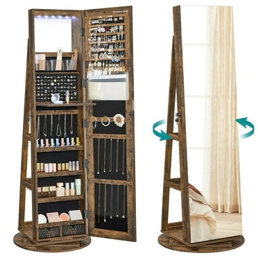 Rotating Jewelry Cabinet, Full Length Jewelry Armoire Sturdy Standing Makeup Organizer, Brown