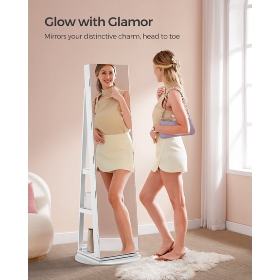 Rotating Jewelry Cabinet, Full Length Jewelry Armoire Sturdy Standing Makeup Organizer, White and Greige