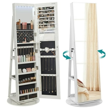 Rotating Jewelry Cabinet, Full Length Jewelry Armoire Sturdy Standing Makeup Organizer, White