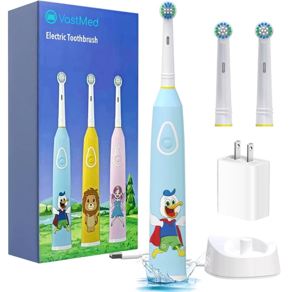 Rotating Kids Electric Toothbrush with 2 Brush Heads 3 Modes Rechargeable Toothbrush 30-Day Battery Life | IPX7 Waterproof, 1 USB Charger with Charger Block