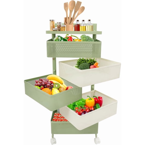 Rotating Kitchen Basket Cart Fruit and Vegetable Storage Rack 5 Tier Metal Wire Rolling Drawer Cart Square Basket Snack Organizer for Home Green White