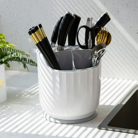 Rotating Kitchen Knife Rack Organizer with Integrated Chopsticks Holder, 3-in-1 Multifunction Countertop Storage Box, Detachable PP Material, Fits 5 Knives, White/Green, 20x20x21cm