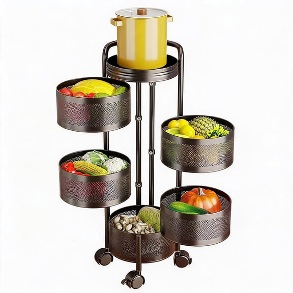 Rotating Kitchen Storage Cart Rolling Storage Cart – Carbon Steel Organizer with Lockable Wheels, Mesh Baskets & Magnetic Closure – Detachable Washable Design for Fruits Vegetables – 5-Tier Black