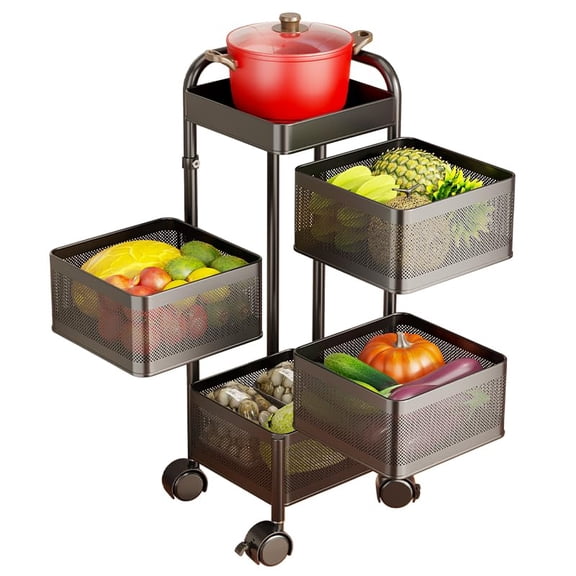 Rotating Kitchen Storage Cart with Wheels and Top Lid, Thickened Carbon Steel Organizer, 360° Swivel Removable Basket Rack for Pantry Bathroom Laundry