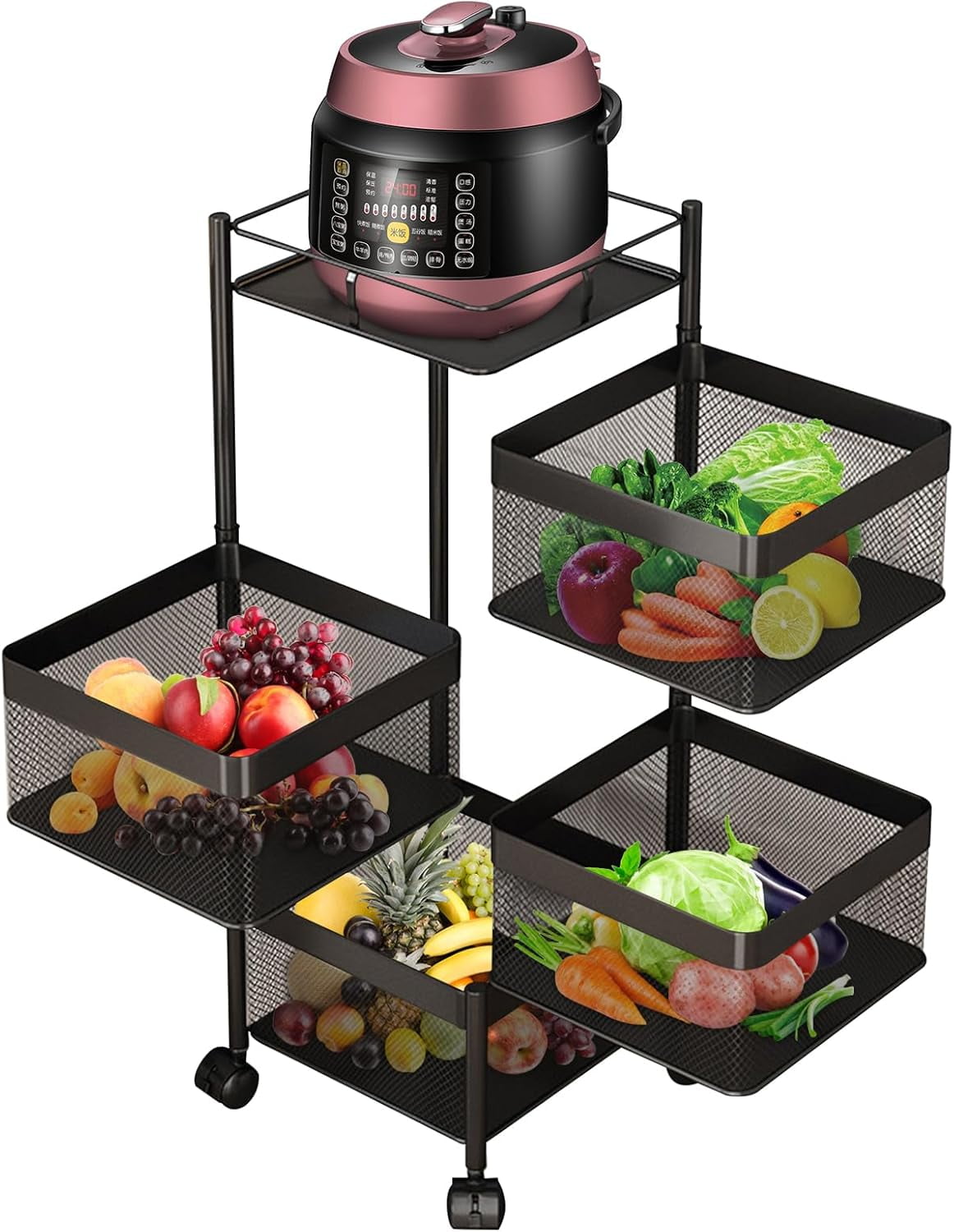 Rotating Kitchen Storage Rack, 4Layer Metal Storage Rack, Wheeled Cart