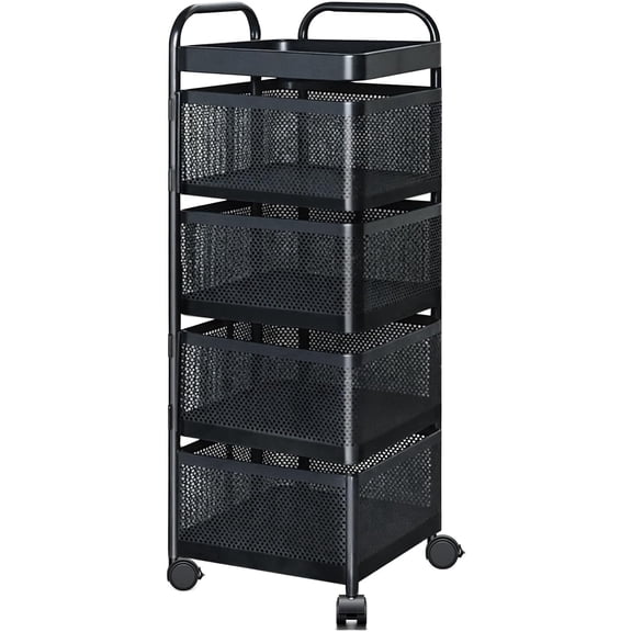 4-Tier Rotating Kitchen Storage Rack, Black Wheeled Rolling Dolly Cart with Fruit Vegetable Baskets for Kitchen Bathroom Bedroom