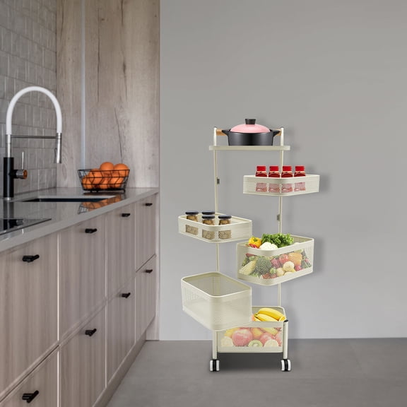 Rotating Kitchen Storage Rack with 4 Universal Wheels, 6-Tier Mobile Utility Cart Organizer for Fruits Vegetables, Bathroom Shelf, for Kitchen Living Room Office Balcony