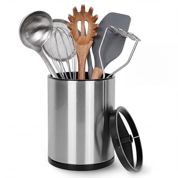 Rotating Kitchen Utensil Holder Extra Large Stainless Steel Organizer 3 Compartments Removable Base Countertop Caddy for Spoons Spatulas Flatware Modern Storage Rack