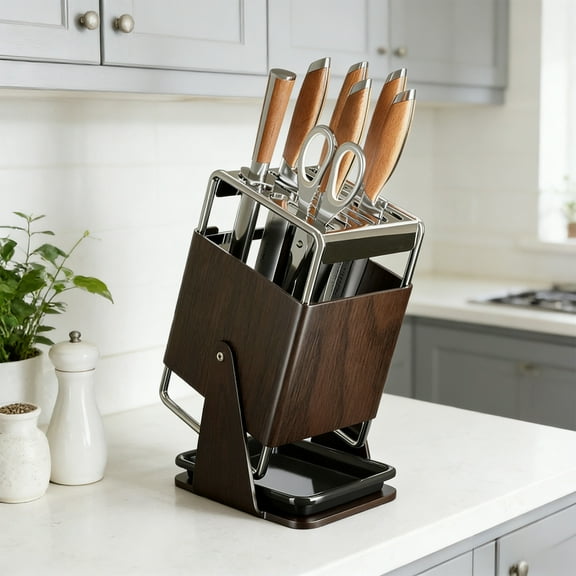 Rotating Knife Storage Block Holder for Countertop Kitchen Cutlery Organizer Rotating Stand for Chef Knives Utensils