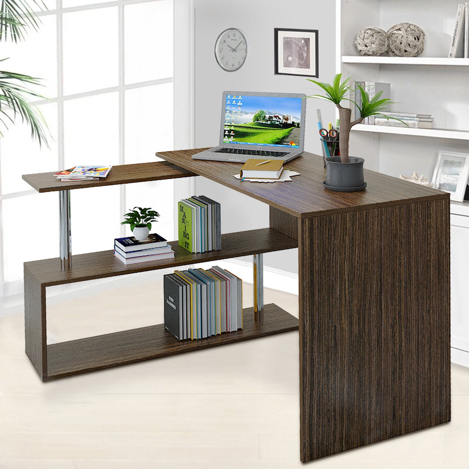 Rotating L Shaped Computer Desk Large Corner Office Desk with Open 2