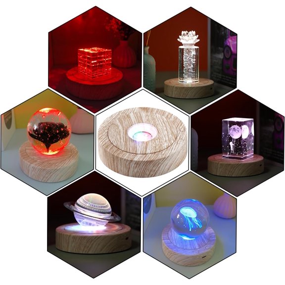 Rotating LED Base - Positive and Negative Rotation Display with 7 Lights Wood Grain Led Base Light for Glass Crystal Art, Nice Holiday Party Christma Decor