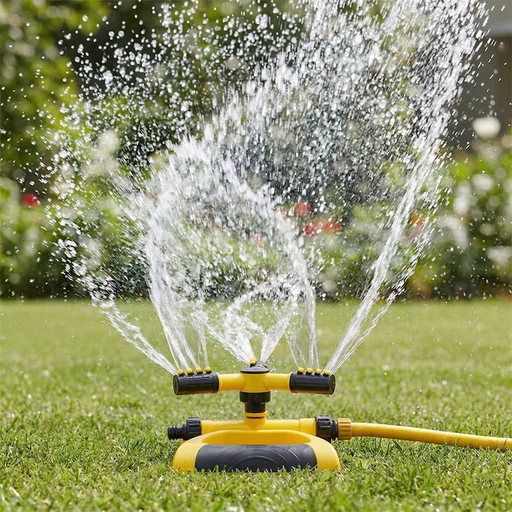 Rotating Lawn Sprinkler, Adjustable Arms, Weighted Base, Yellow