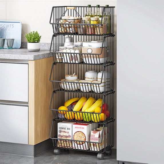 Rotating Lazy Susan Storage Rack, Foldable Spacious Organizer for Fruits & Vegetables | Kitchen Pantry & Living Room Floor Shelf, Space-Saving Durable Resin Black