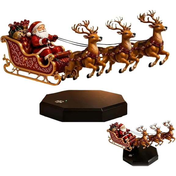 Rotating Levitation Santa Claus Decoration, Floating Sleigh and 3 Reindeer Christmas Display for Home, Office and Party