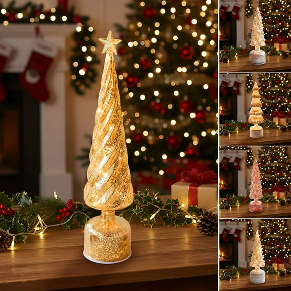 Rotating Light-Up Christmas Tree Ornament, Spinning Crystal Tabletop Decor, Hand-Blown Glass with LED Base, Festive Home Display