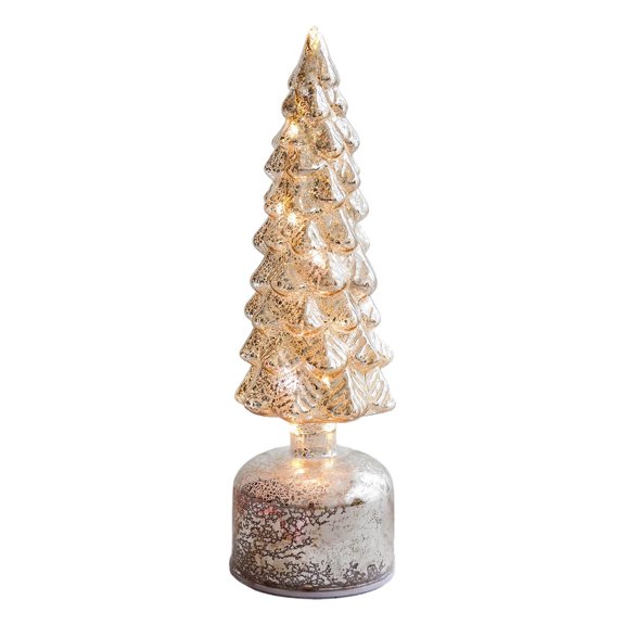 Rotating Light Up Glass Christmas Tree, Spinning Crystal Tabletop Ornament With Warm White LED, Battery Operated Holiday Decor for Mantel or Shelf