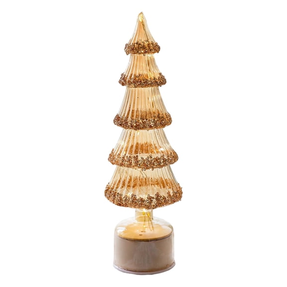 Rotating Light Up Glass Christmas Tree, Spinning Crystal Tabletop Ornament With Warm White LED, Battery Operated Holiday Decor for Mantel or Shelf