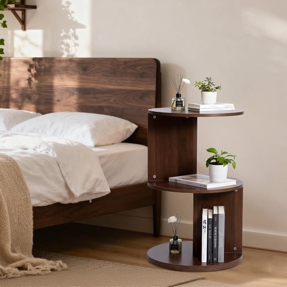 Rotating Living Room Side Table, Office Round Accent Table 2 Tier Rotating Bookshelf, 360 Display End Table Mid Modern Nightstands, MDF Wood Walnut Revolving Bookshelf